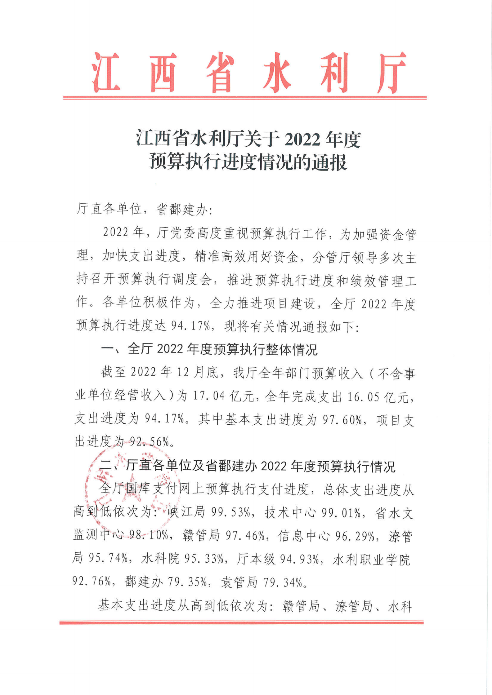 省峡管局2022年度预算执行进度获省水利厅通报表扬