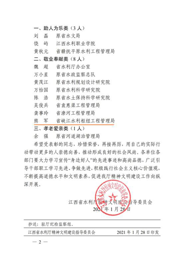 喜报：熊军同志荣获2020年度省水利厅“身边好人”称号